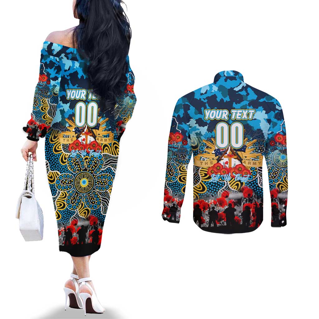 Personalized Titans ANZAC Day Couples Matching Off The Shoulder Long Sleeve Dress and Long Sleeve Button Shirt Australian Army - Lest We Forget