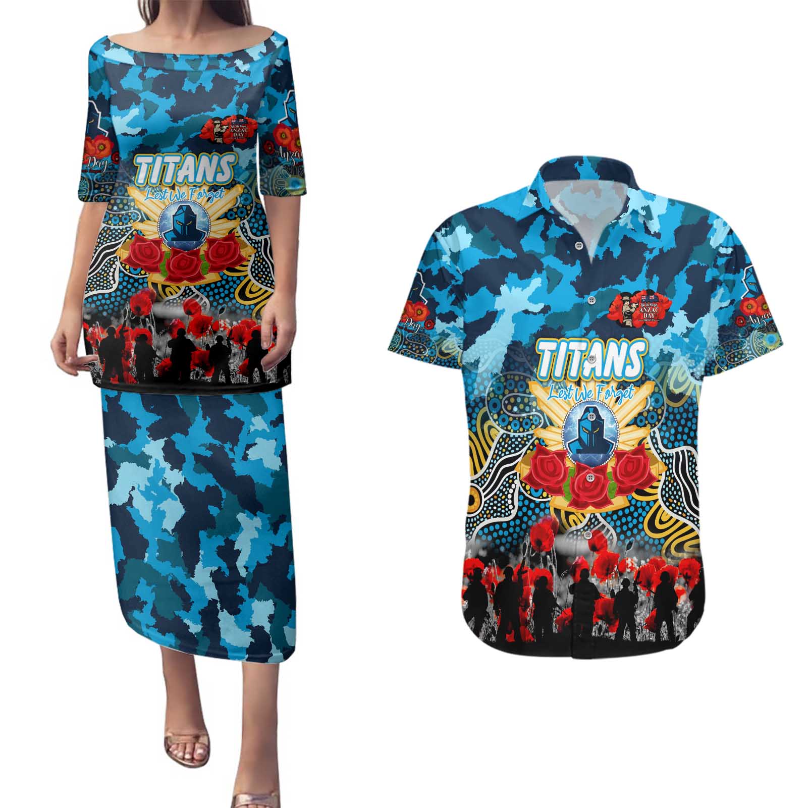 Personalized Titans ANZAC Day Couples Matching Puletasi and Hawaiian Shirt Australian Army - Lest We Forget