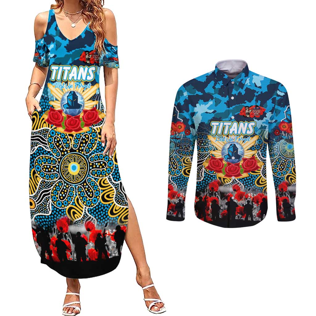 Personalized Titans ANZAC Day Couples Matching Summer Maxi Dress and Long Sleeve Button Shirt Australian Army - Lest We Forget