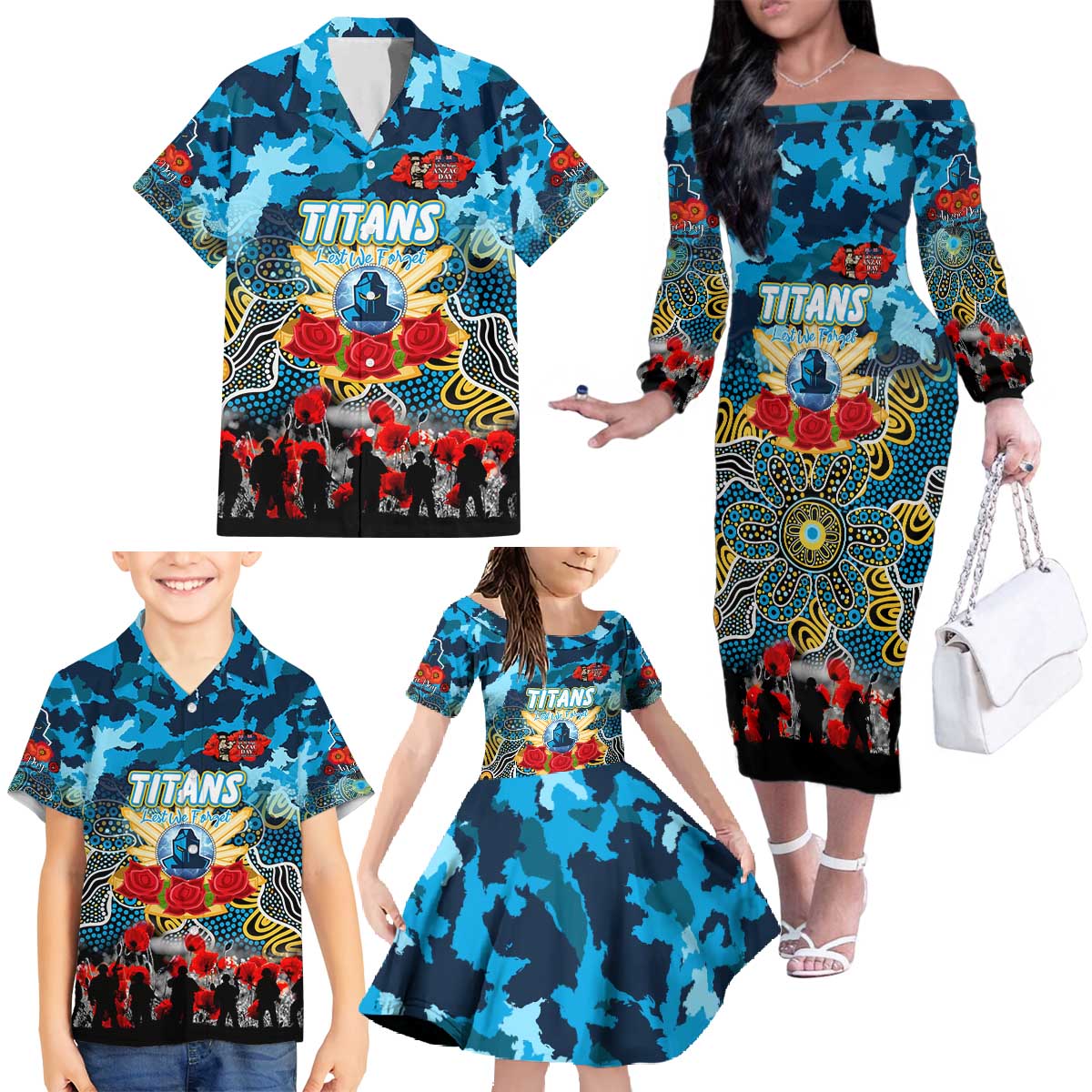 Personalized Titans ANZAC Day Family Matching Off The Shoulder Long Sleeve Dress and Hawaiian Shirt Australian Army - Lest We Forget