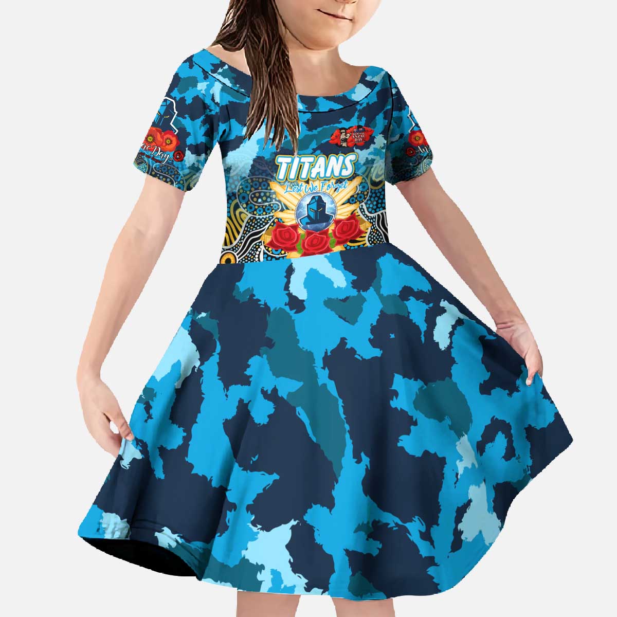 Personalized Titans ANZAC Day Family Matching Off The Shoulder Long Sleeve Dress and Hawaiian Shirt Australian Army - Lest We Forget