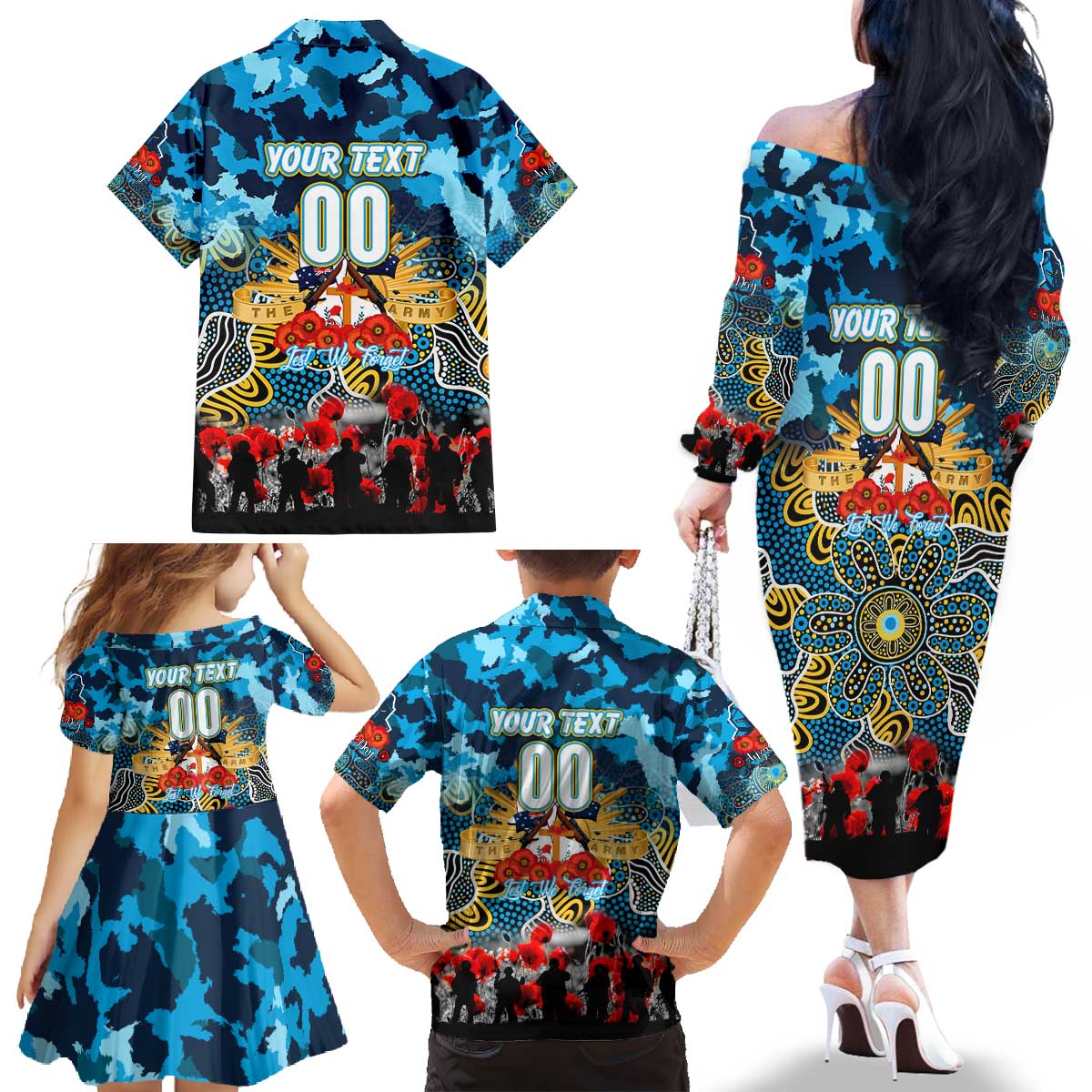Personalized Titans ANZAC Day Family Matching Off The Shoulder Long Sleeve Dress and Hawaiian Shirt Australian Army - Lest We Forget