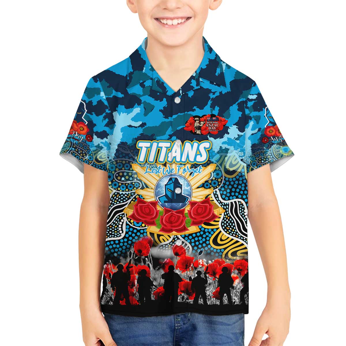 Personalized Titans ANZAC Day Family Matching Off The Shoulder Long Sleeve Dress and Hawaiian Shirt Australian Army - Lest We Forget