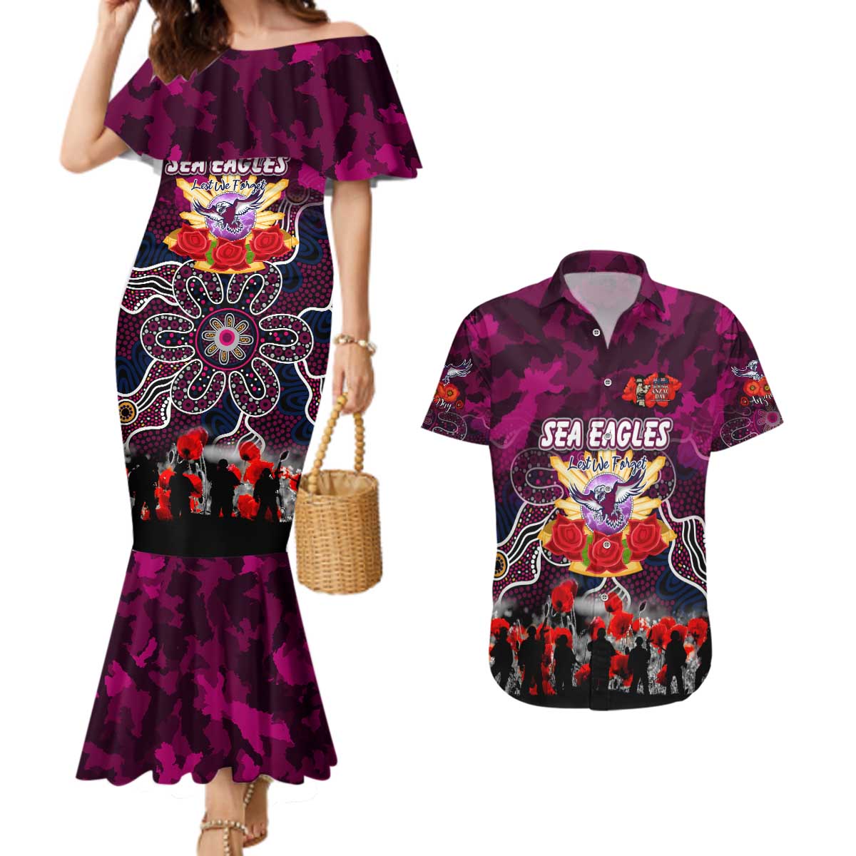 Personalized Sea Eagles ANZAC Day Couples Matching Mermaid Dress and Hawaiian Shirt Australian Army - Lest We Forget