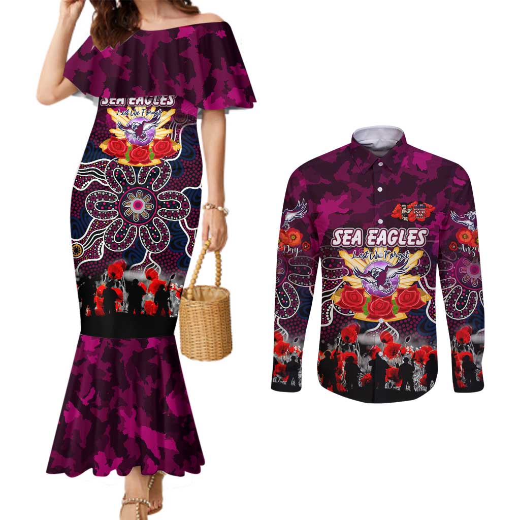 Personalized Sea Eagles ANZAC Day Couples Matching Mermaid Dress and Long Sleeve Button Shirt Australian Army - Lest We Forget