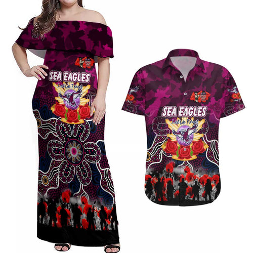 Personalized Sea Eagles ANZAC Day Couples Matching Off Shoulder Maxi Dress and Hawaiian Shirt Australian Army - Lest We Forget
