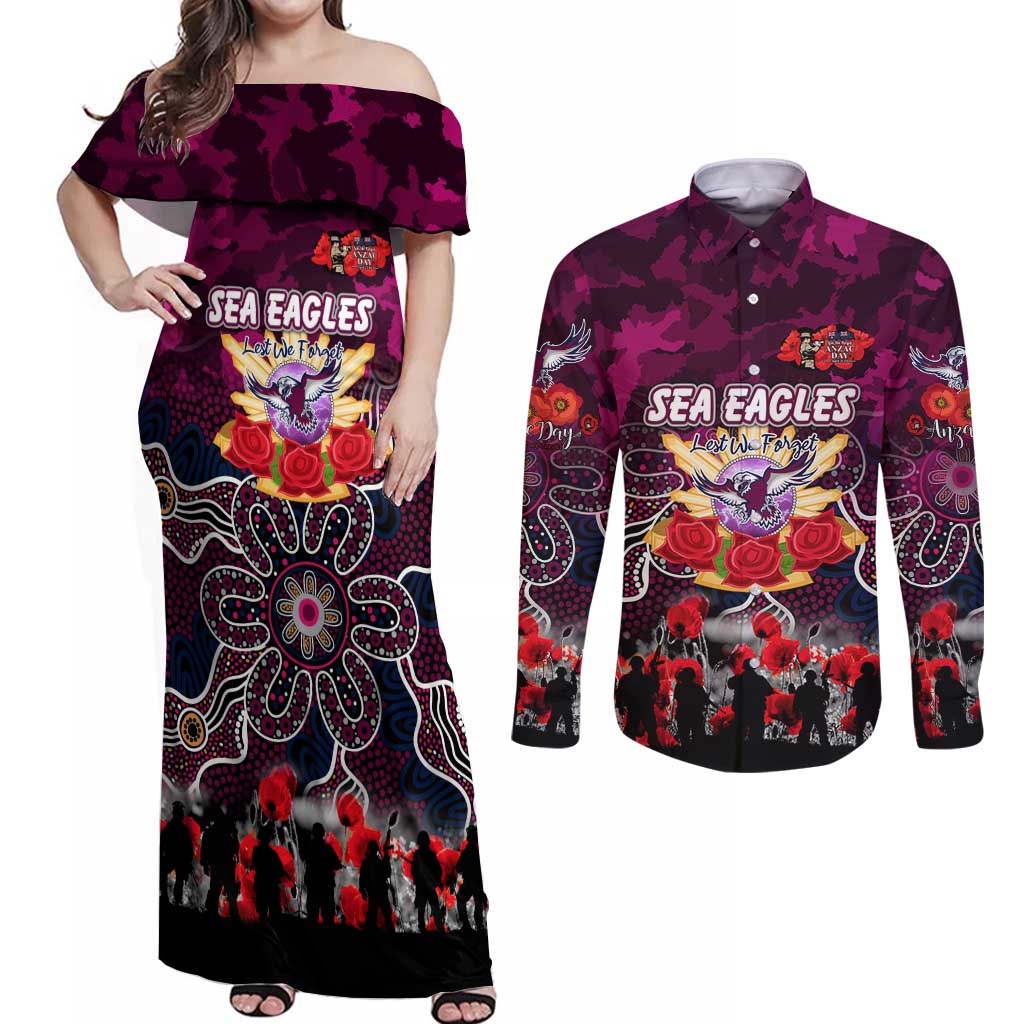 Personalized Sea Eagles ANZAC Day Couples Matching Off Shoulder Maxi Dress and Long Sleeve Button Shirt Australian Army - Lest We Forget