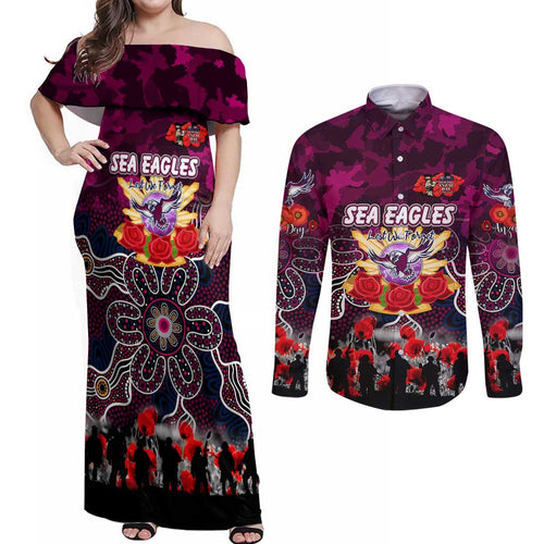 Personalized Sea Eagles ANZAC Day Couples Matching Off Shoulder Maxi Dress and Long Sleeve Button Shirt Australian Army - Lest We Forget