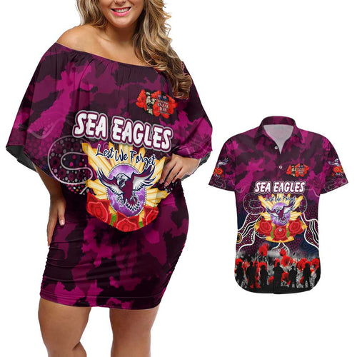 Personalized Sea Eagles ANZAC Day Couples Matching Off Shoulder Short Dress and Hawaiian Shirt Australian Army - Lest We Forget