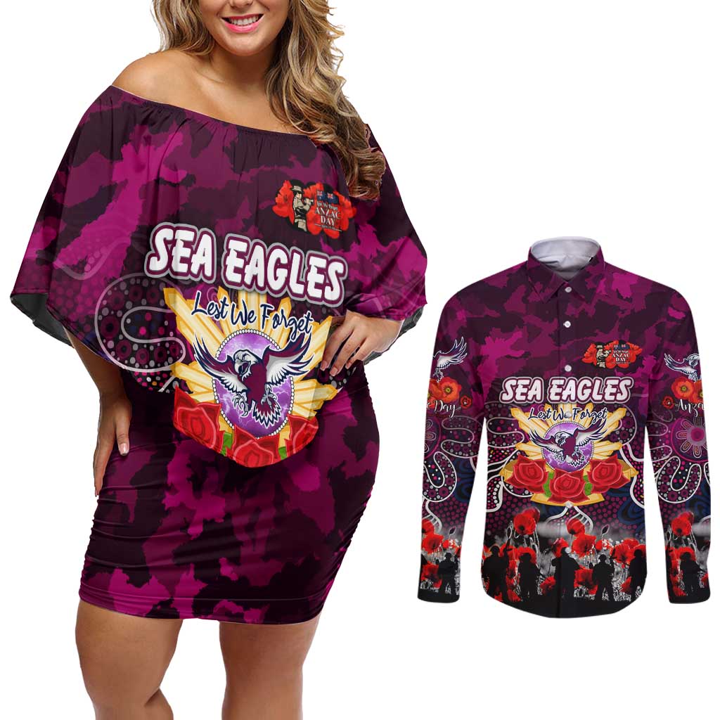 Personalized Sea Eagles ANZAC Day Couples Matching Off Shoulder Short Dress and Long Sleeve Button Shirt Australian Army - Lest We Forget