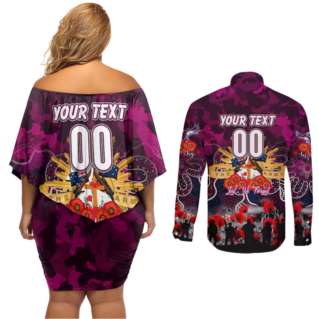 Personalized Sea Eagles ANZAC Day Couples Matching Off Shoulder Short Dress and Long Sleeve Button Shirt Australian Army - Lest We Forget