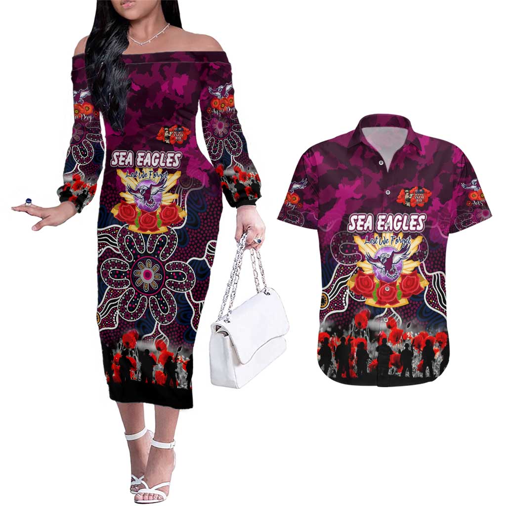 Personalized Sea Eagles ANZAC Day Couples Matching Off The Shoulder Long Sleeve Dress and Hawaiian Shirt Australian Army - Lest We Forget