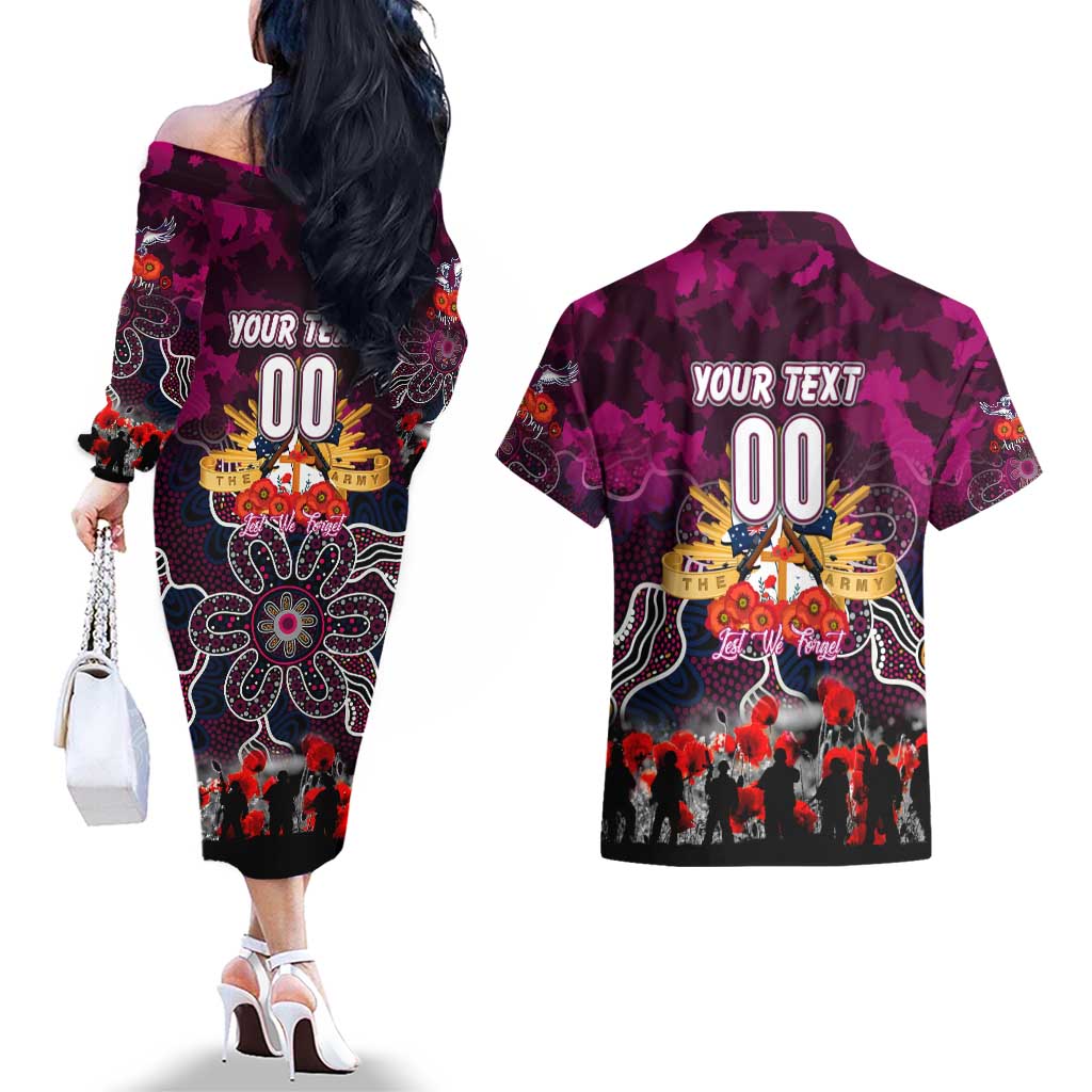 Personalized Sea Eagles ANZAC Day Couples Matching Off The Shoulder Long Sleeve Dress and Hawaiian Shirt Australian Army - Lest We Forget