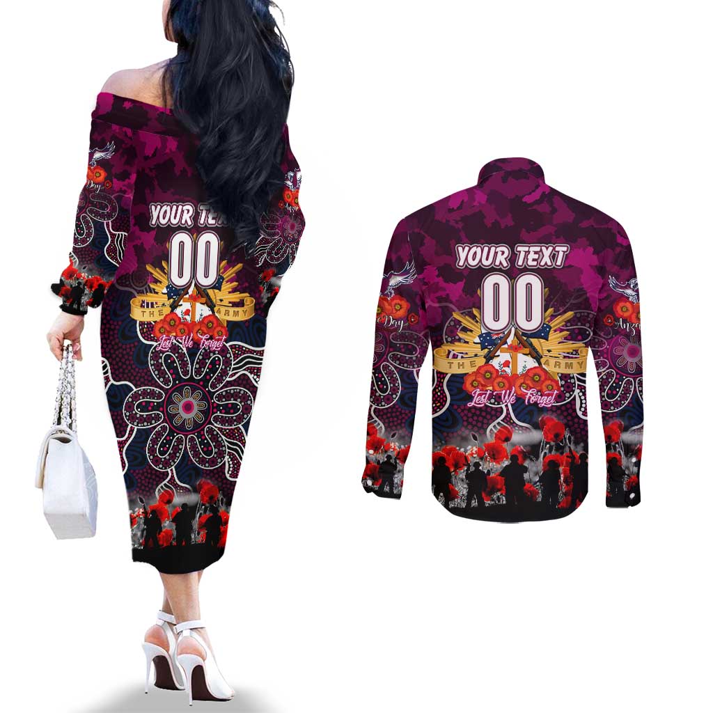 Personalized Sea Eagles ANZAC Day Couples Matching Off The Shoulder Long Sleeve Dress and Long Sleeve Button Shirt Australian Army - Lest We Forget