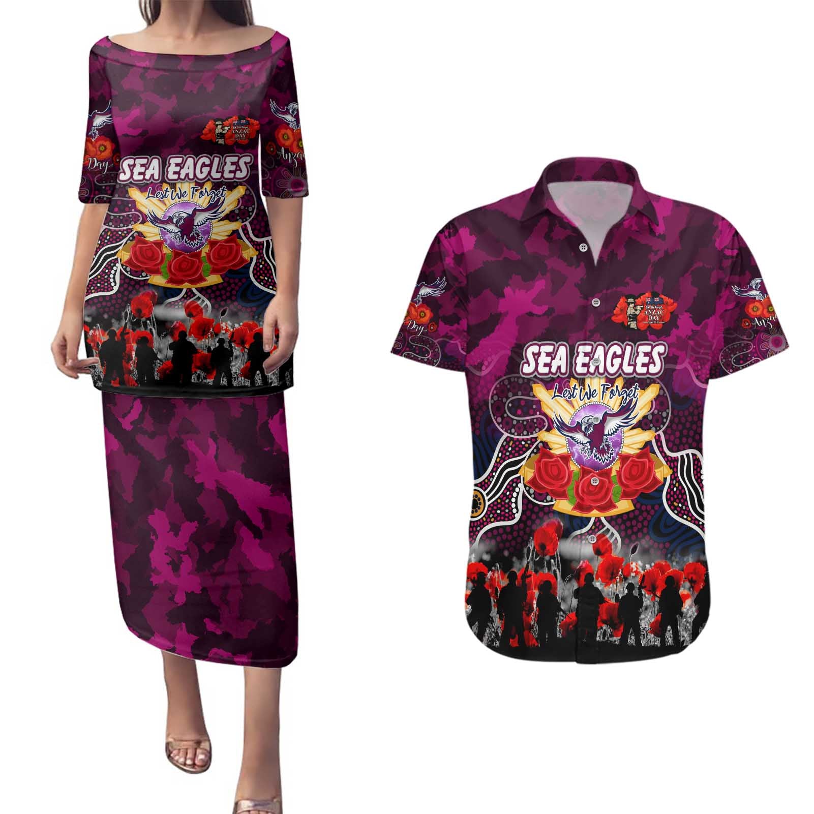 Personalized Sea Eagles ANZAC Day Couples Matching Puletasi and Hawaiian Shirt Australian Army - Lest We Forget