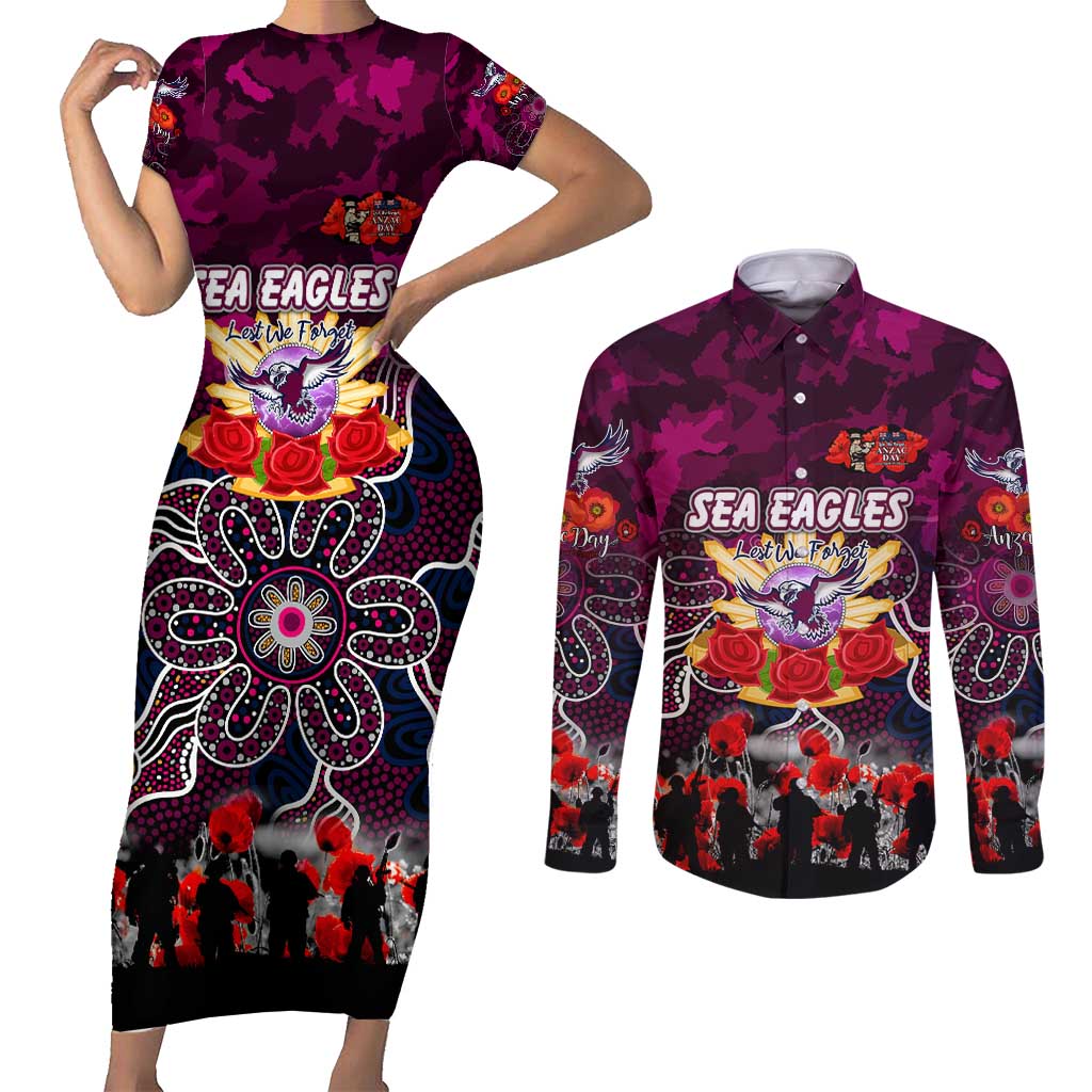 Personalized Sea Eagles ANZAC Day Couples Matching Short Sleeve Bodycon Dress and Long Sleeve Button Shirt Australian Army - Lest We Forget