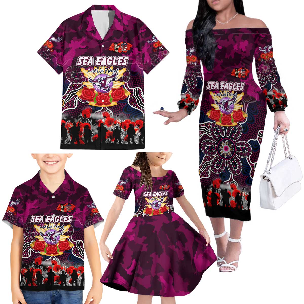 Personalized Sea Eagles ANZAC Day Family Matching Off The Shoulder Long Sleeve Dress and Hawaiian Shirt Australian Army - Lest We Forget
