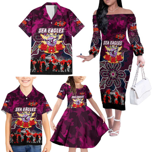 Personalized Sea Eagles ANZAC Day Family Matching Off The Shoulder Long Sleeve Dress and Hawaiian Shirt Australian Army - Lest We Forget