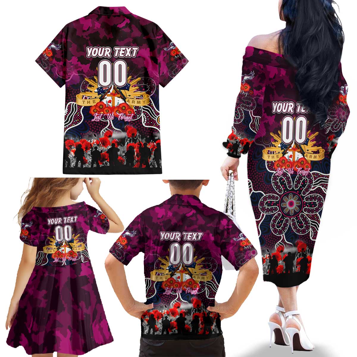 Personalized Sea Eagles ANZAC Day Family Matching Off The Shoulder Long Sleeve Dress and Hawaiian Shirt Australian Army - Lest We Forget