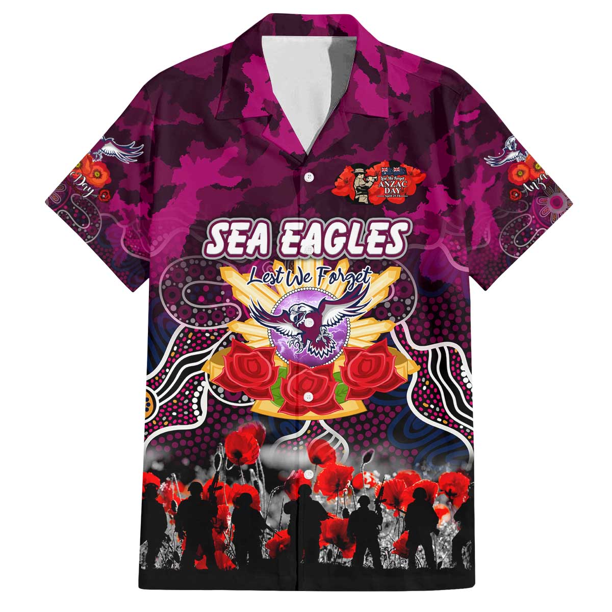 Personalized Sea Eagles ANZAC Day Family Matching Off The Shoulder Long Sleeve Dress and Hawaiian Shirt Australian Army - Lest We Forget