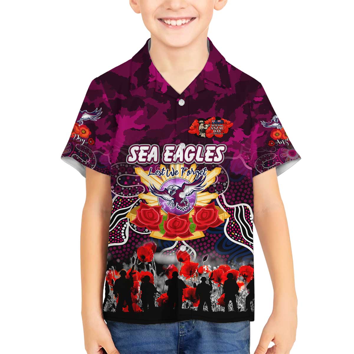 Personalized Sea Eagles ANZAC Day Family Matching Off The Shoulder Long Sleeve Dress and Hawaiian Shirt Australian Army - Lest We Forget