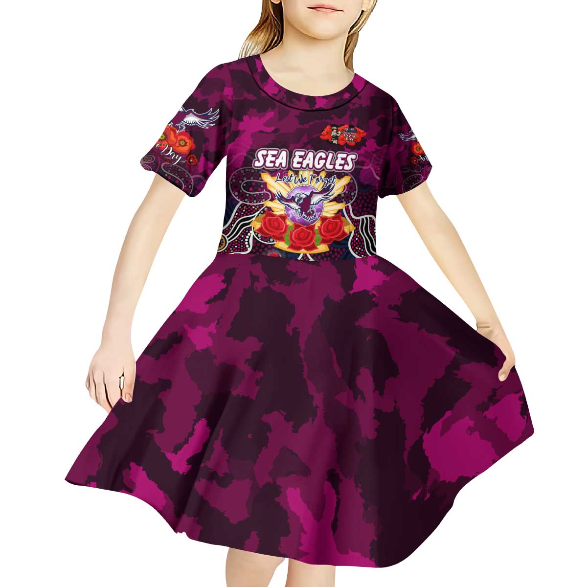 Personalized Sea Eagles ANZAC Day Kid Short Sleeve Dress Australian Army - Lest We Forget