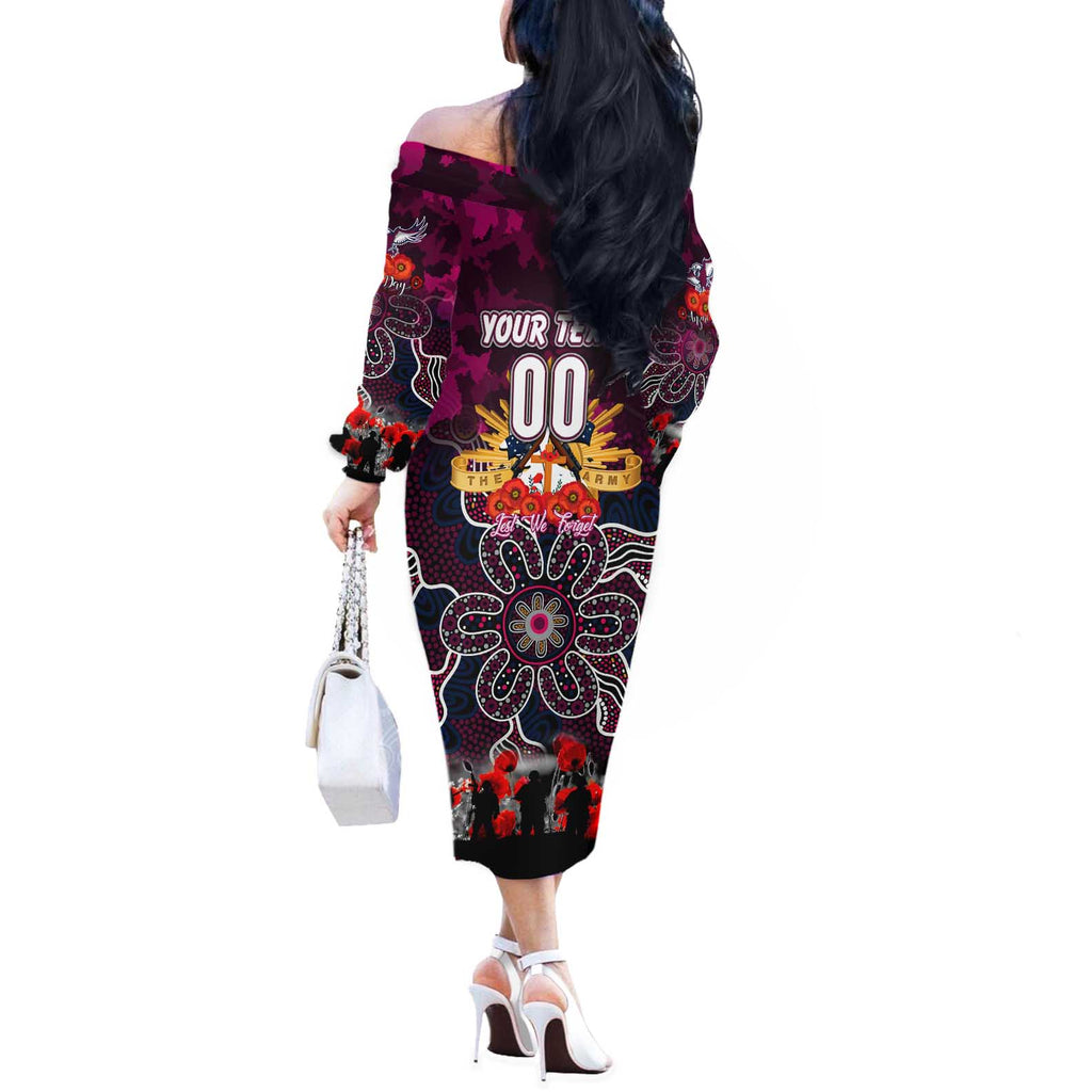 Personalized Sea Eagles ANZAC Day Off The Shoulder Long Sleeve Dress Australian Army - Lest We Forget