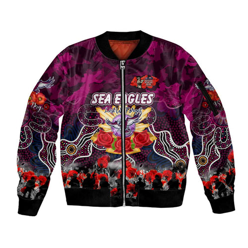 Personalized Sea Eagles ANZAC Day Sleeve Zip Bomber Jacket Australian Army - Lest We Forget