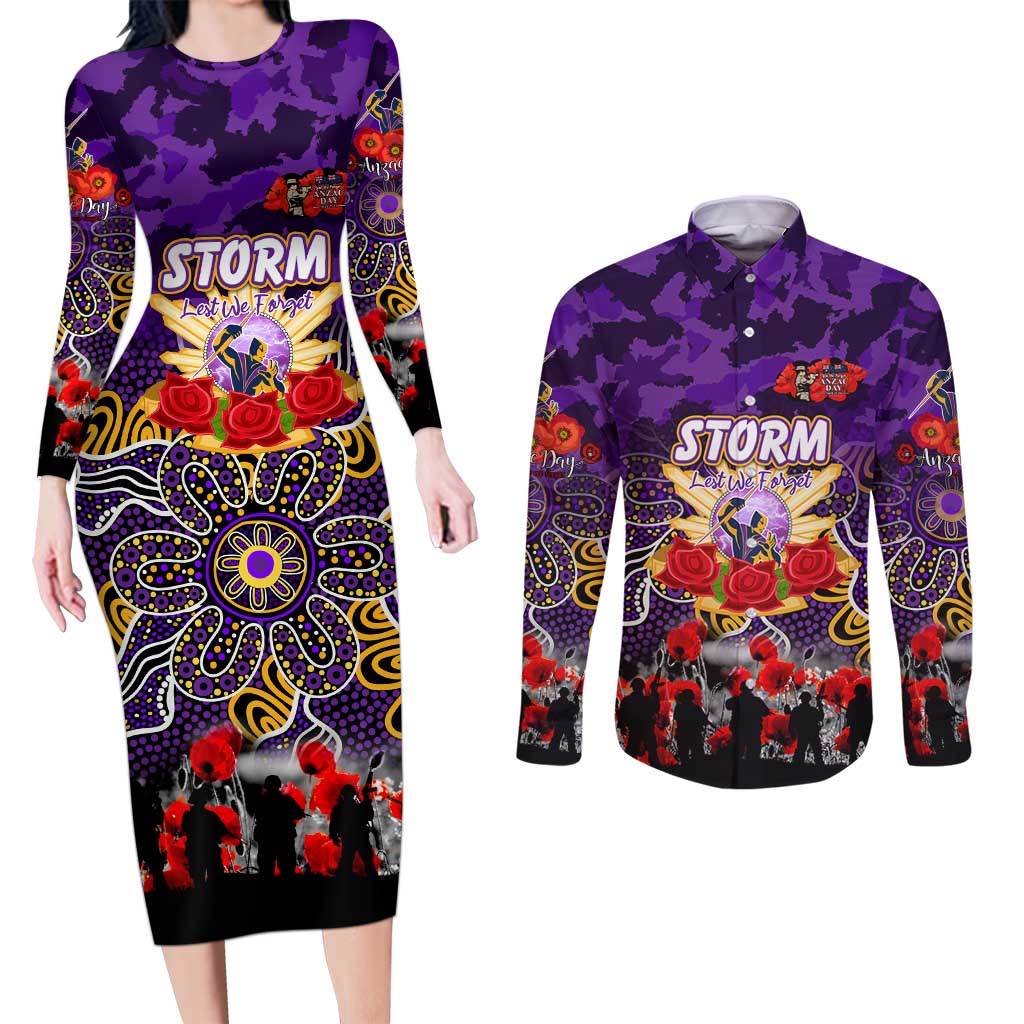 Personalized Storm ANZAC Day Couples Matching Long Sleeve Bodycon Dress and Long Sleeve Button Shirt Australian Army - Lest We Forget