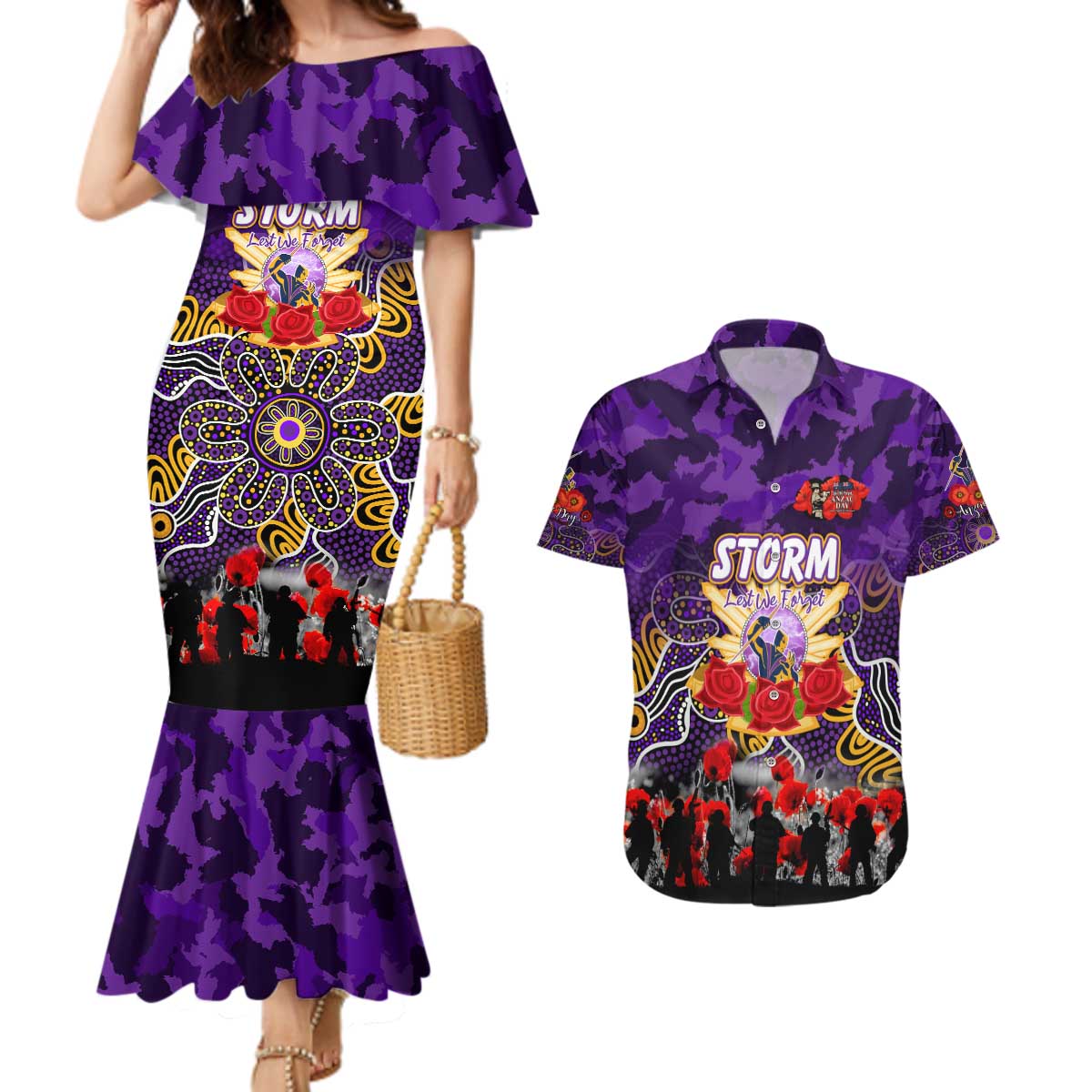Personalized Storm ANZAC Day Couples Matching Mermaid Dress and Hawaiian Shirt Australian Army - Lest We Forget