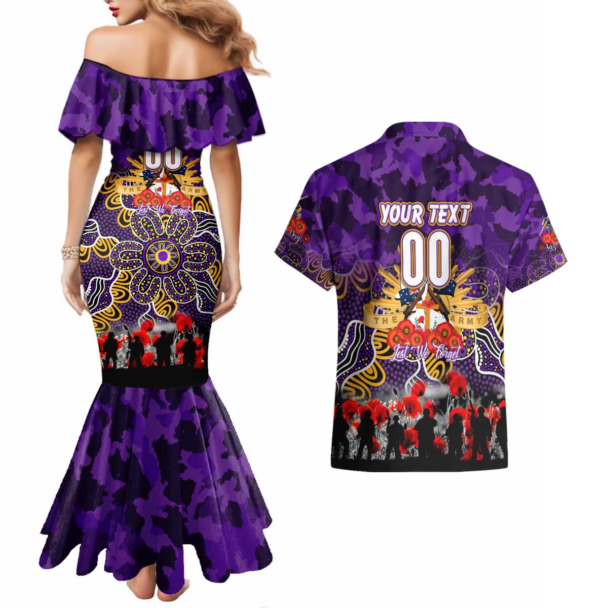 Personalized Storm ANZAC Day Couples Matching Mermaid Dress and Hawaiian Shirt Australian Army - Lest We Forget