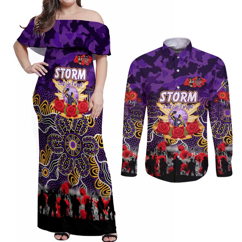 Personalized Storm ANZAC Day Couples Matching Off Shoulder Maxi Dress and Long Sleeve Button Shirt Australian Army - Lest We Forget