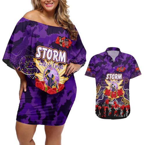 Personalized Storm ANZAC Day Couples Matching Off Shoulder Short Dress and Hawaiian Shirt Australian Army - Lest We Forget