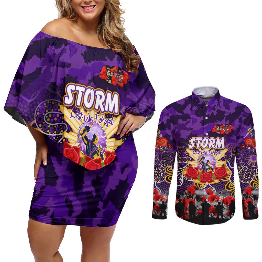 Personalized Storm ANZAC Day Couples Matching Off Shoulder Short Dress and Long Sleeve Button Shirt Australian Army - Lest We Forget