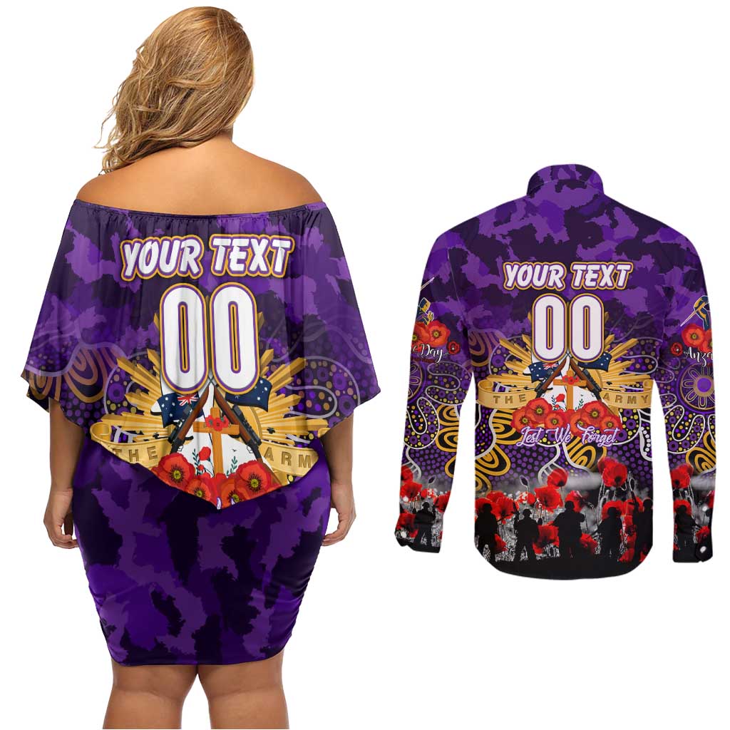 Personalized Storm ANZAC Day Couples Matching Off Shoulder Short Dress and Long Sleeve Button Shirt Australian Army - Lest We Forget