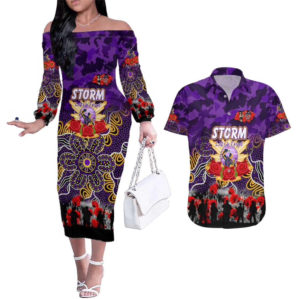 Personalized Storm ANZAC Day Couples Matching Off The Shoulder Long Sleeve Dress and Hawaiian Shirt Australian Army - Lest We Forget