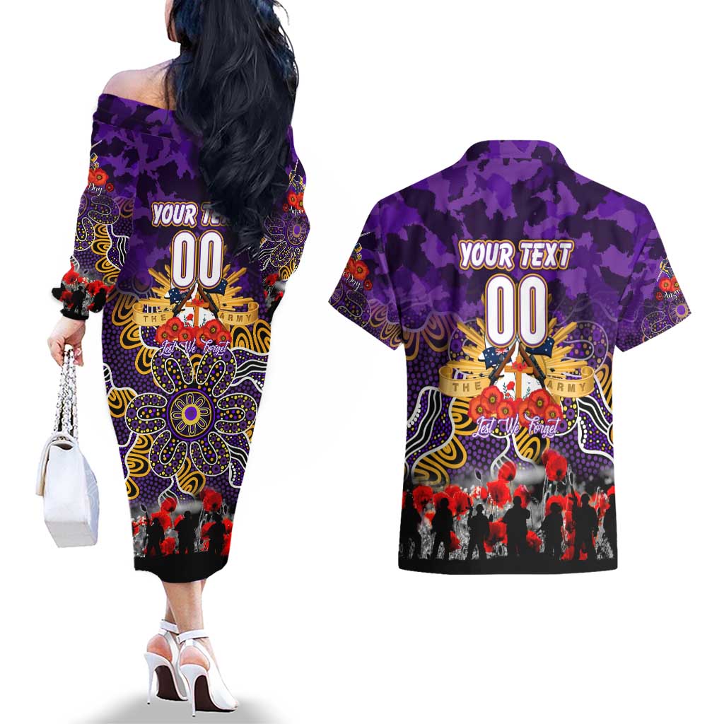 Personalized Storm ANZAC Day Couples Matching Off The Shoulder Long Sleeve Dress and Hawaiian Shirt Australian Army - Lest We Forget