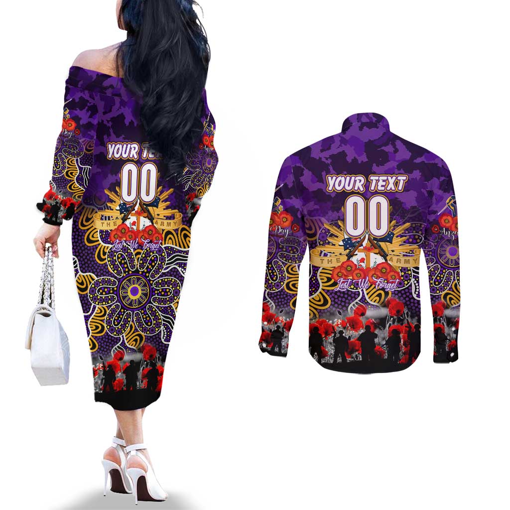 Personalized Storm ANZAC Day Couples Matching Off The Shoulder Long Sleeve Dress and Long Sleeve Button Shirt Australian Army - Lest We Forget