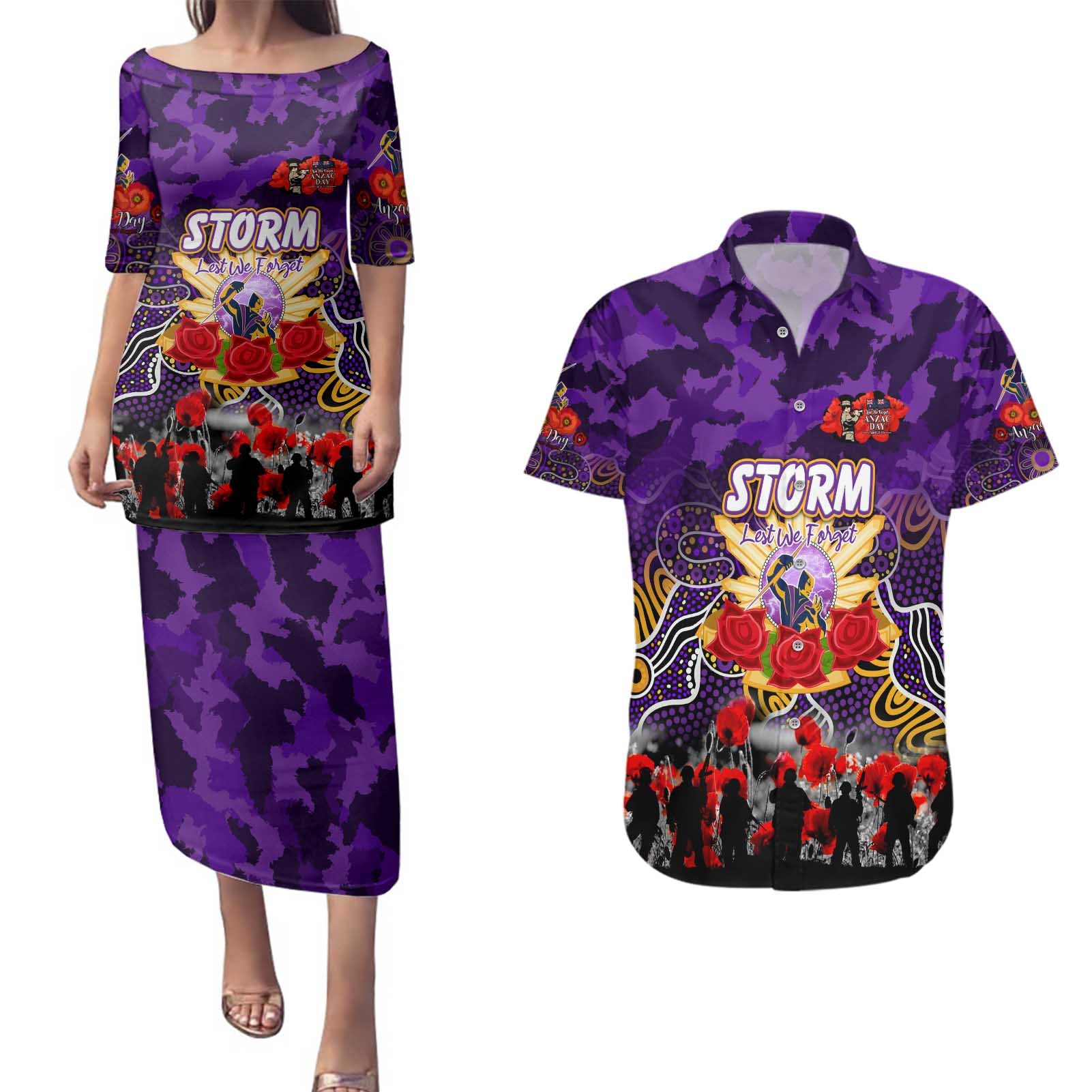 Personalized Storm ANZAC Day Couples Matching Puletasi and Hawaiian Shirt Australian Army - Lest We Forget
