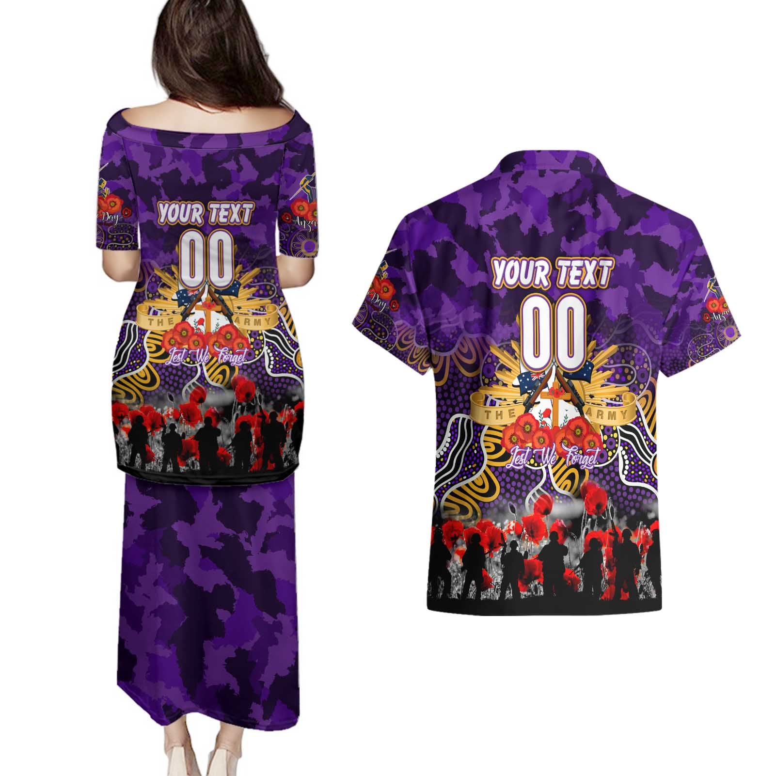 Personalized Storm ANZAC Day Couples Matching Puletasi and Hawaiian Shirt Australian Army - Lest We Forget