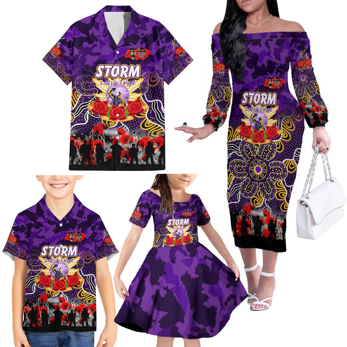 Personalized Storm ANZAC Day Family Matching Off The Shoulder Long Sleeve Dress and Hawaiian Shirt Australian Army - Lest We Forget