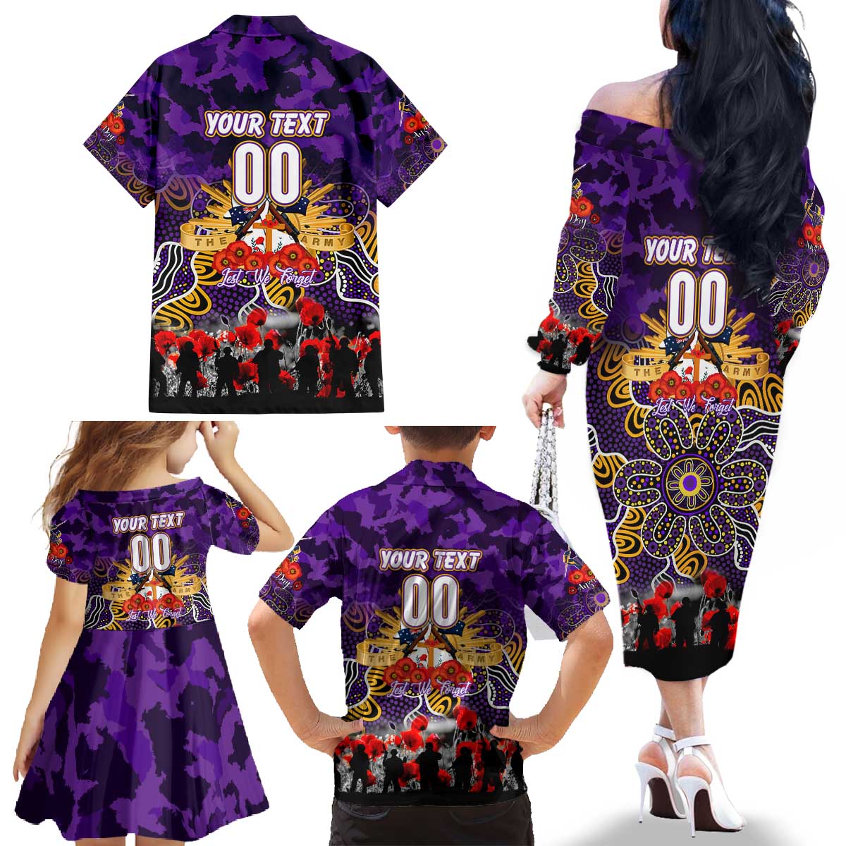 Personalized Storm ANZAC Day Family Matching Off The Shoulder Long Sleeve Dress and Hawaiian Shirt Australian Army - Lest We Forget