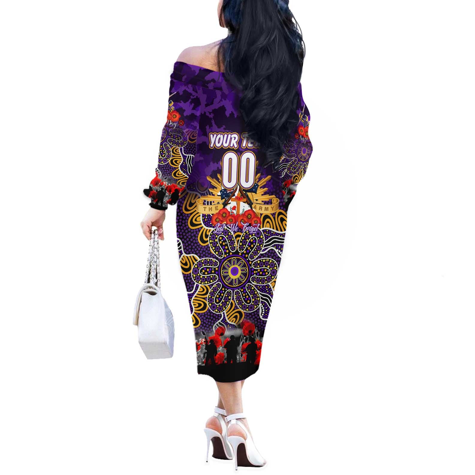 Personalized Storm ANZAC Day Off The Shoulder Long Sleeve Dress Australian Army - Lest We Forget