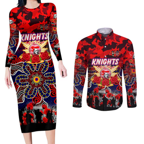 Personalized Knights ANZAC Day Couples Matching Long Sleeve Bodycon Dress and Long Sleeve Button Shirt Australian Army - Lest We Forget