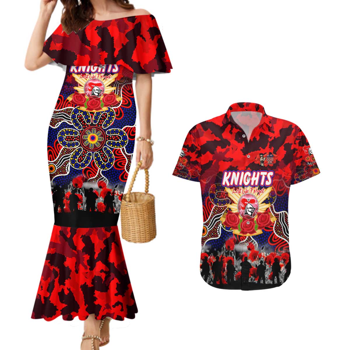Personalized Knights ANZAC Day Couples Matching Mermaid Dress and Hawaiian Shirt Australian Army - Lest We Forget