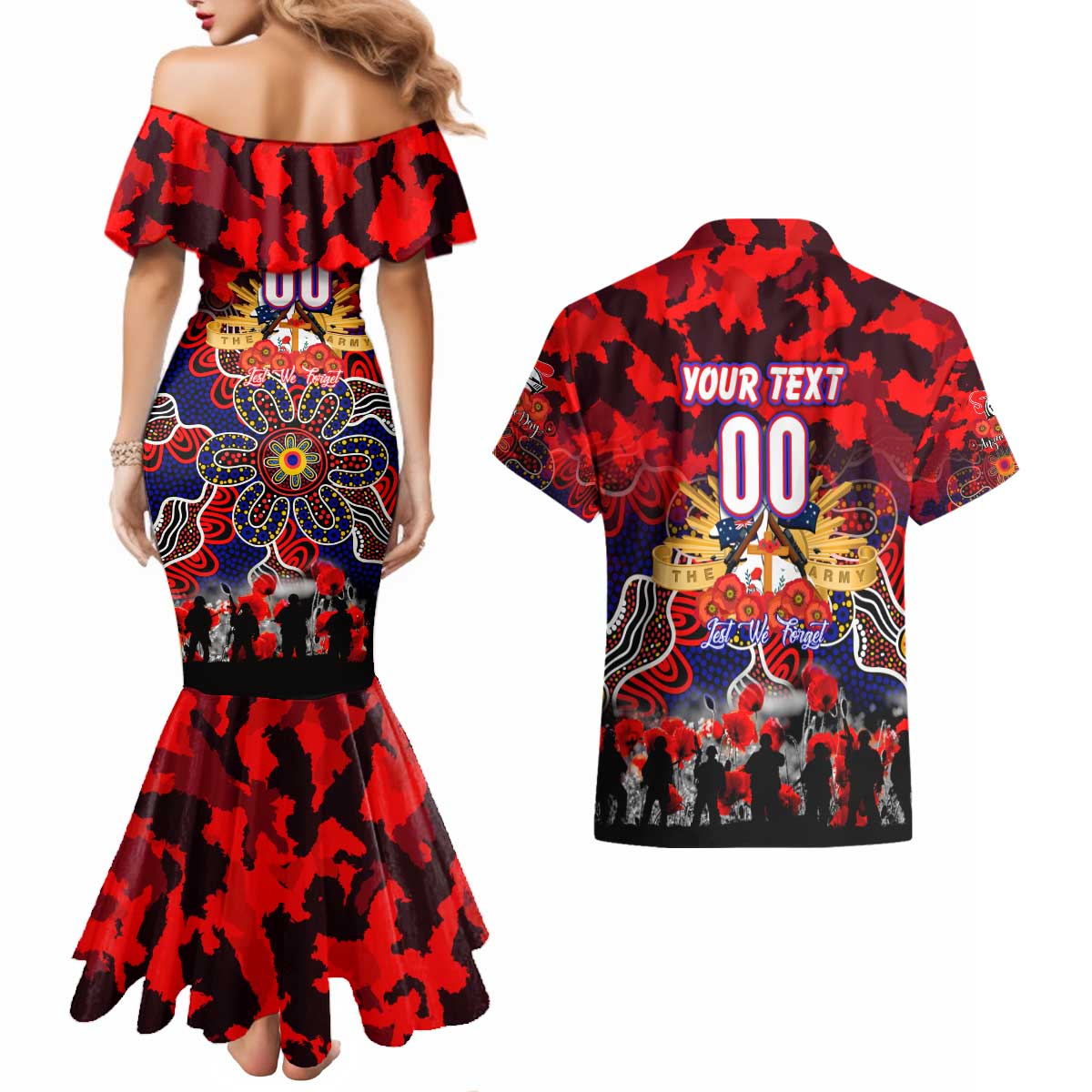 Personalized Knights ANZAC Day Couples Matching Mermaid Dress and Hawaiian Shirt Australian Army - Lest We Forget
