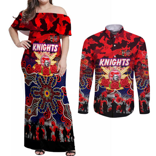 Personalized Knights ANZAC Day Couples Matching Off Shoulder Maxi Dress and Long Sleeve Button Shirt Australian Army - Lest We Forget