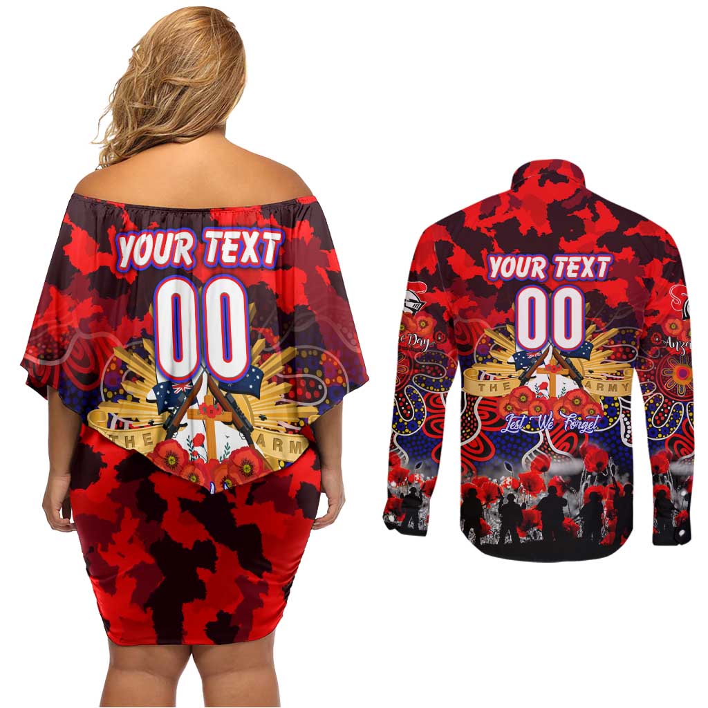 Personalized Knights ANZAC Day Couples Matching Off Shoulder Short Dress and Long Sleeve Button Shirt Australian Army - Lest We Forget