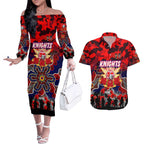 Personalized Knights ANZAC Day Couples Matching Off The Shoulder Long Sleeve Dress and Hawaiian Shirt Australian Army - Lest We Forget