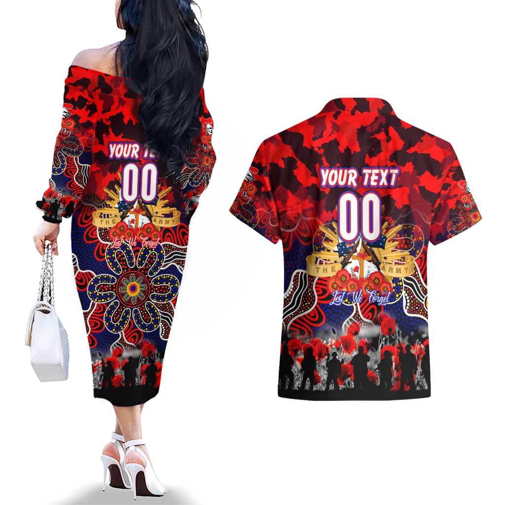 Personalized Knights ANZAC Day Couples Matching Off The Shoulder Long Sleeve Dress and Hawaiian Shirt Australian Army - Lest We Forget